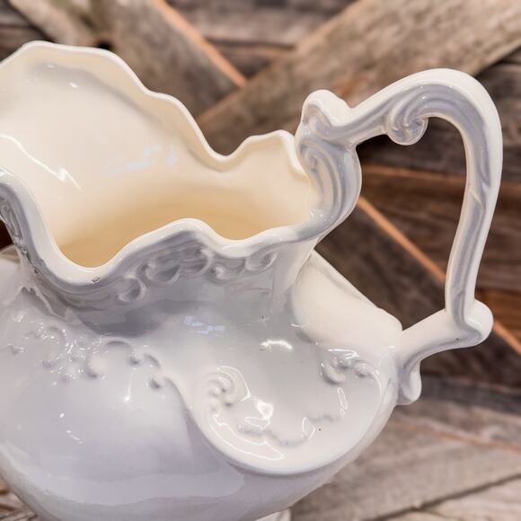 Vintage Arnel’s Victorian Style White Pottery Pitcher, Large, 10” x 10” - Picture 11 of 11